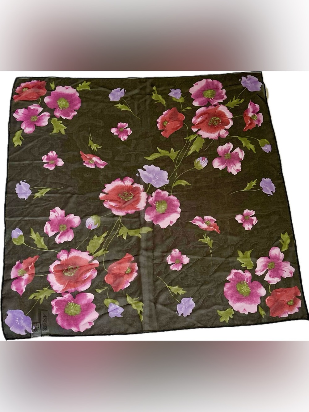 VTG 1980-90 Casual Corner Black/Pink Square Silk Floral Scarf Gothic Cottagecore